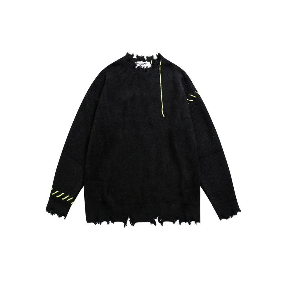 Black long-sleeve ribbed sweater with a distressed neckline, cuffs and hem, plus neon yellow-green stitching.