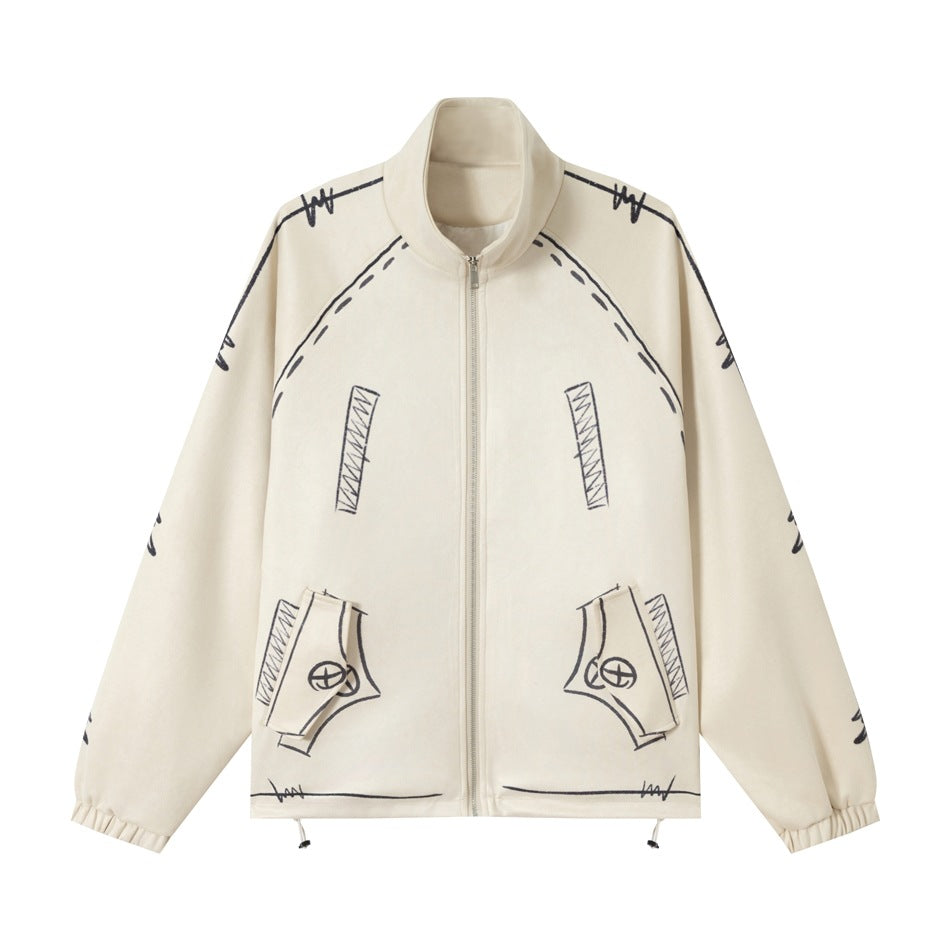 Off-white stand-collar zip jacket with black doodle-style prints and flap pockets, flat front view