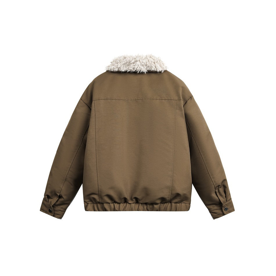 Back view of a mustard-brown jacket with a cream fleece collar, gathered hem and buttoned cuffs.