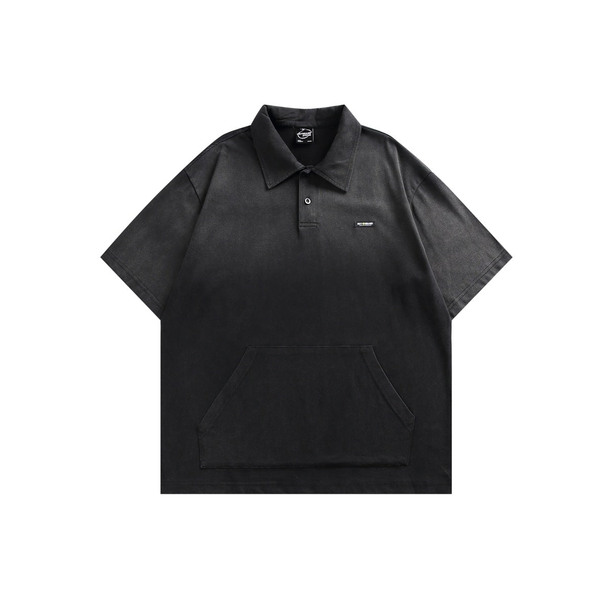 Black gradient washed short-sleeve polo shirt with front pouch pocket, flat lay front view