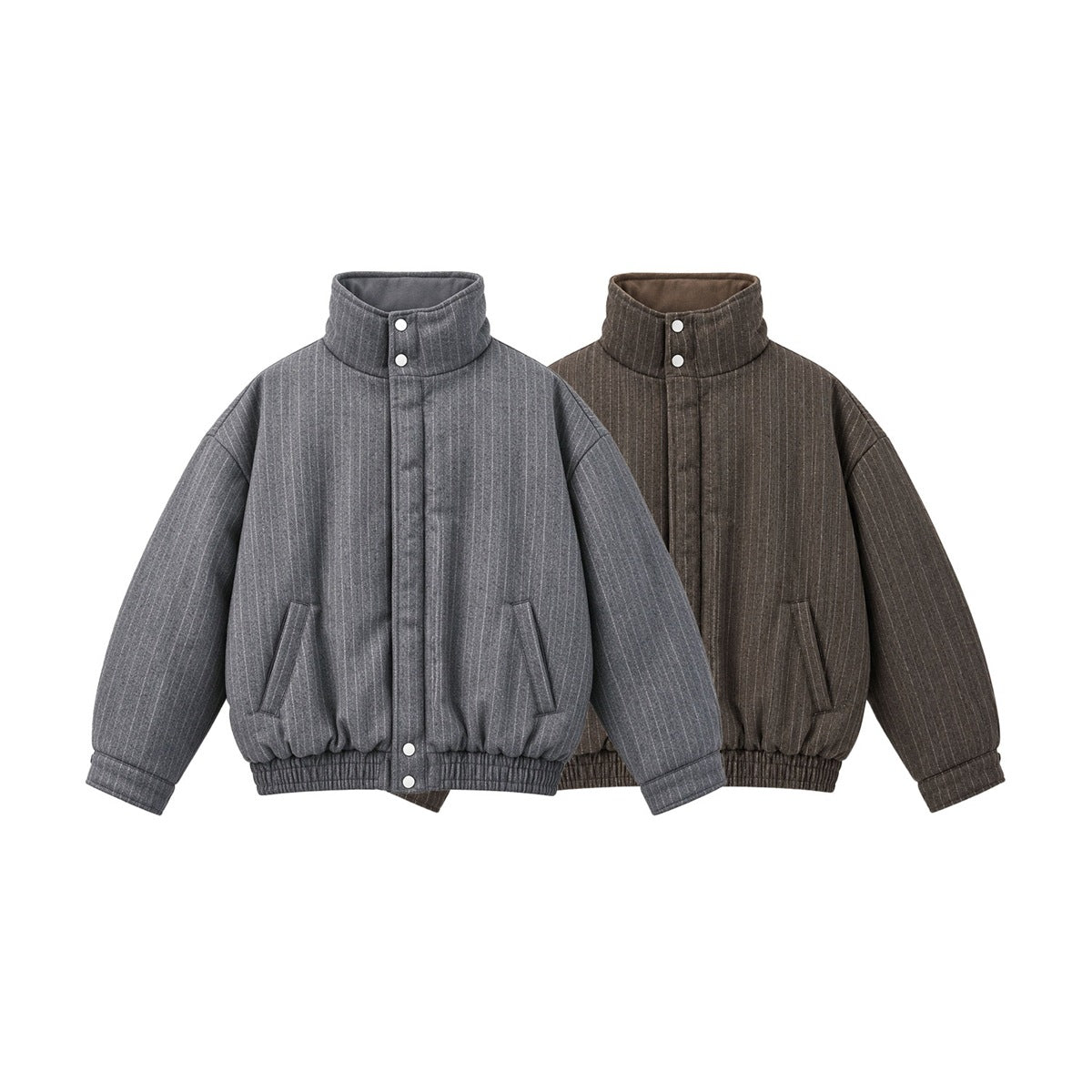 Two pinstriped jackets shown together: one charcoal gray and one dark brown, both with tall collars.