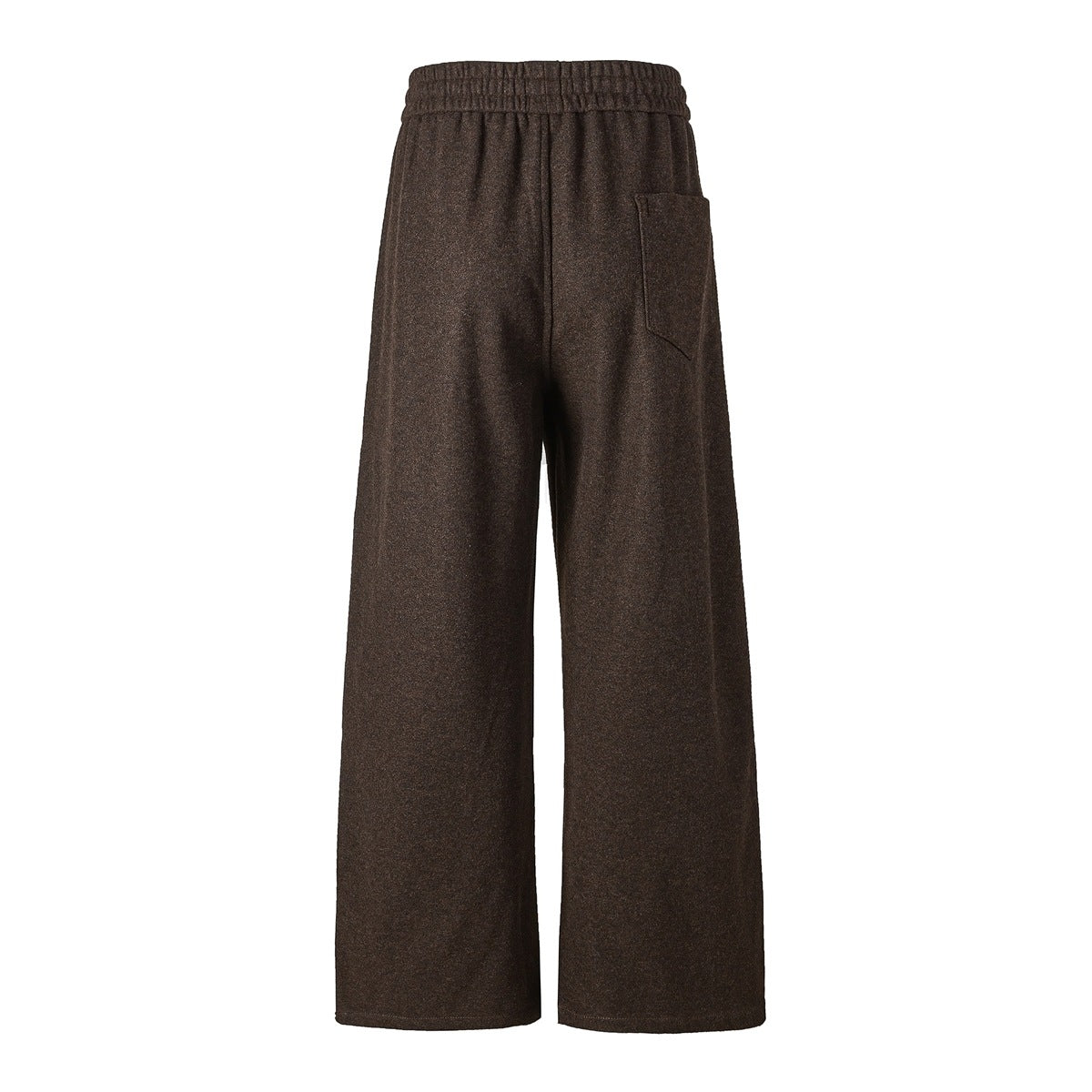 Back view of brown wide-leg pants with an elastic waistband and a single patch pocket.