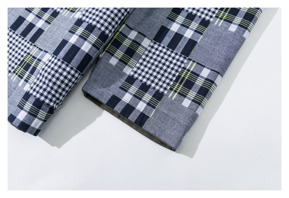 Close-up of a blue, white, and lime plaid garment hem with a narrow olive underside.