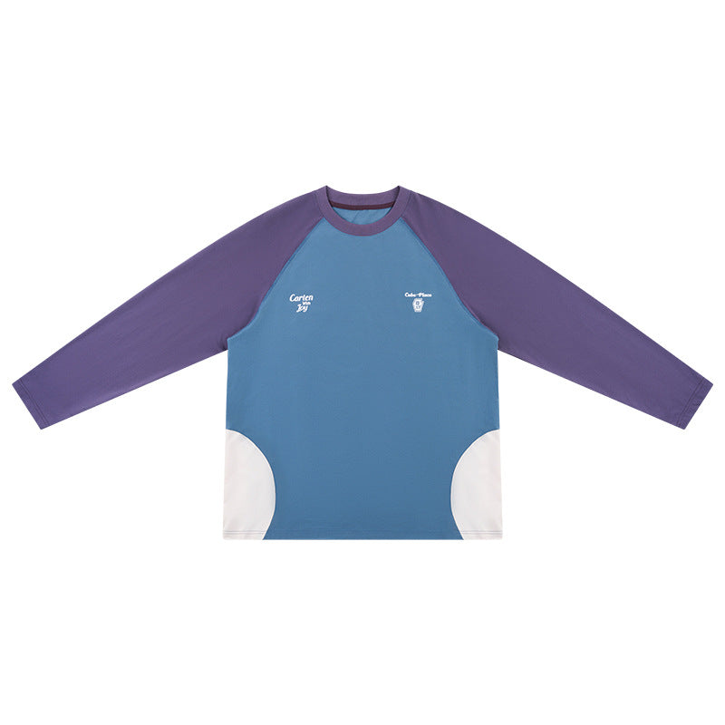 Flat-lay front of a blue long-sleeve raglan T-shirt with purple sleeves and cream side panels