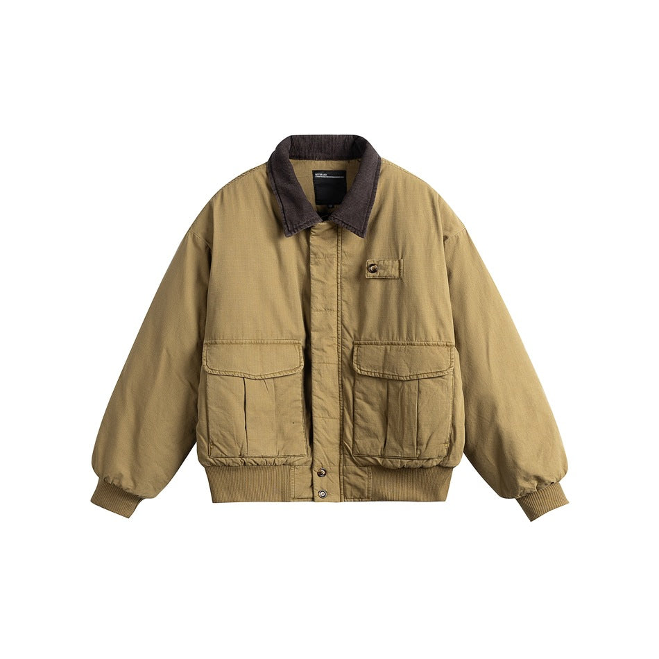 Khaki padded bomber-style jacket with dark brown corduroy collar and large flap pockets, front flat lay