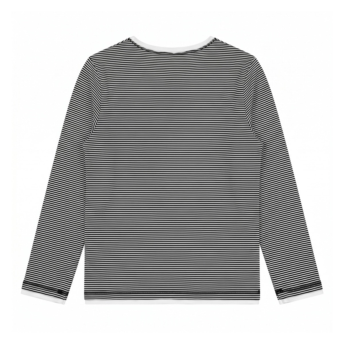 Back view of black and white striped long-sleeve top with white layered neckline, hem and cuffs