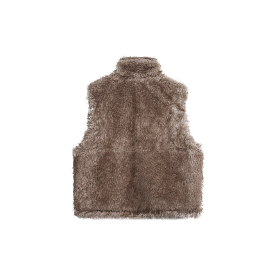 Back view of a brown faux-fur vest with a stand collar and plain, shaggy finish.
