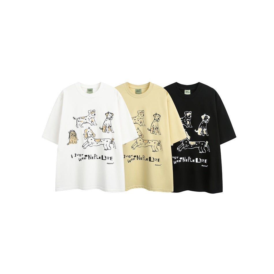 Front view of white, pale yellow, and black short-sleeve T-shirts with dog illustrations and English text.