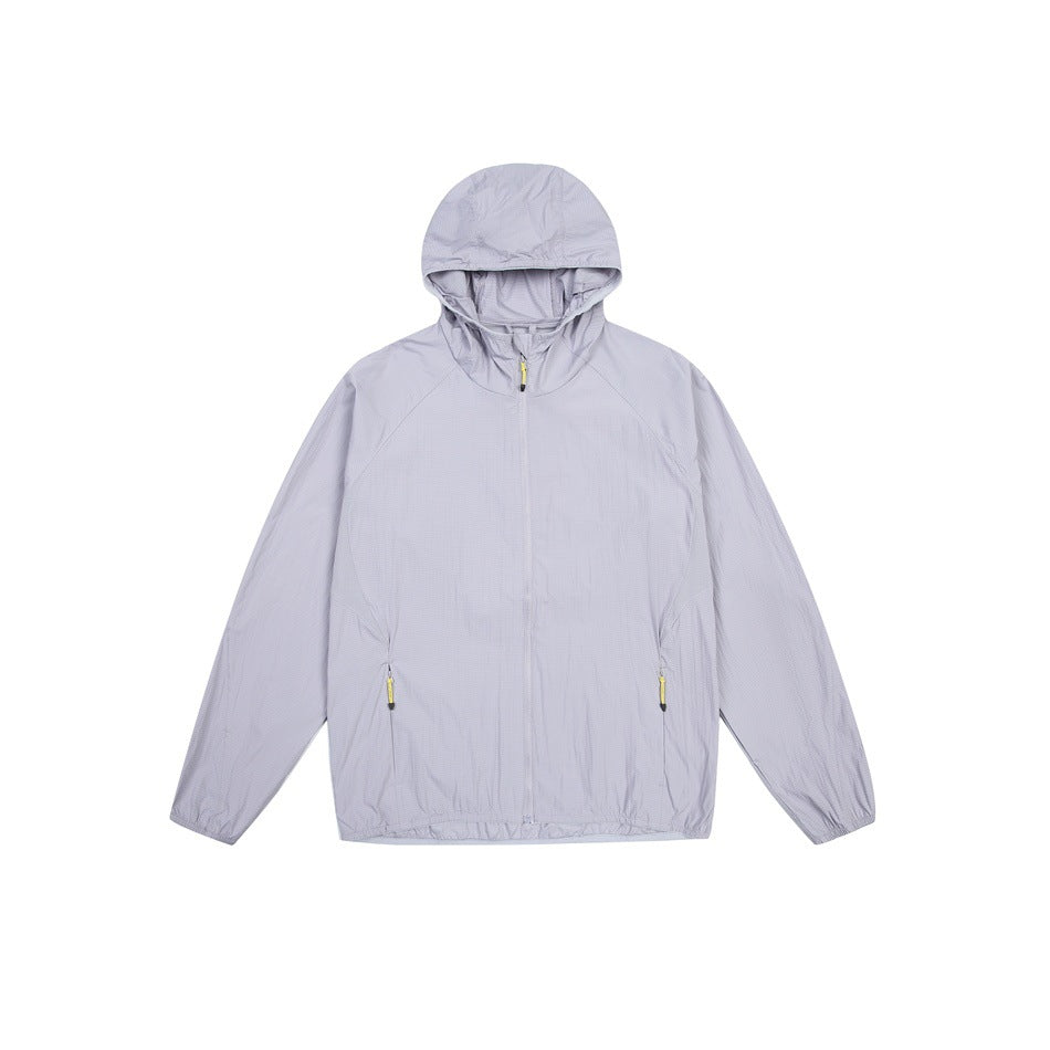 Light lavender-gray hooded full-zip jacket with gathered cuffs and yellow pocket zipper pulls, flat front