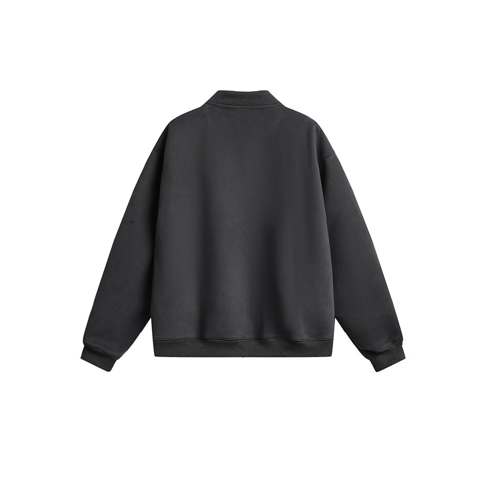 Back view of a charcoal sweatshirt with long sleeves, ribbed cuffs and hem, and a short ribbed collar.