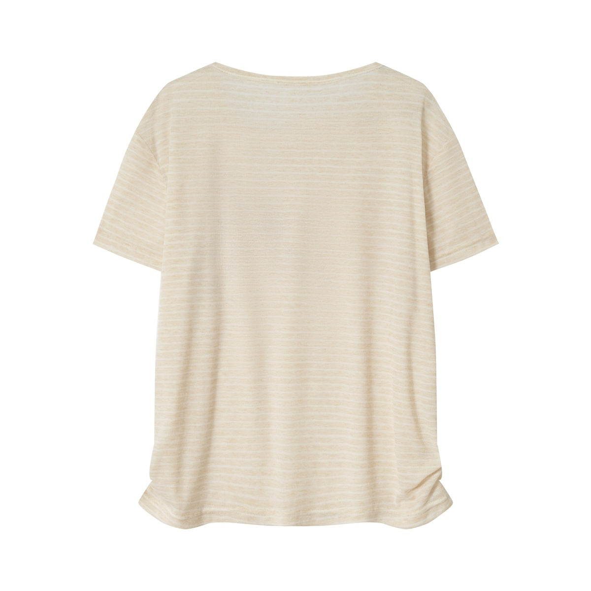 Back view of beige striped short-sleeve T-shirt with round neckline and gathered side hem