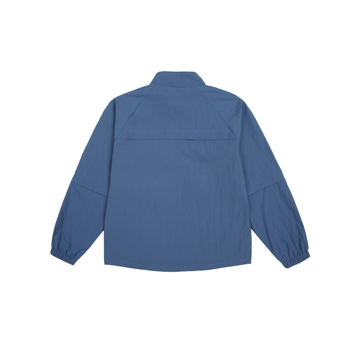 Back view of a blue long-sleeve jacket with a stand collar, panel seams, and elastic cuffs.
