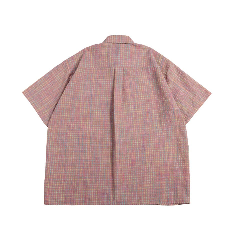 Back view of rose-red plaid short-sleeve shirt with back yoke and center pleat
