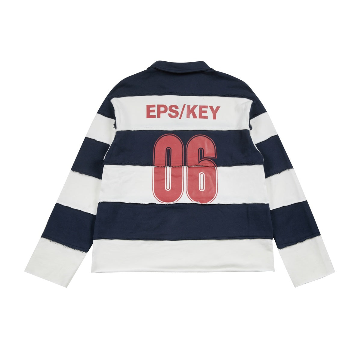 Back of navy blue and white striped polo-collar pullover with red EPS/KEY text and large 06 print