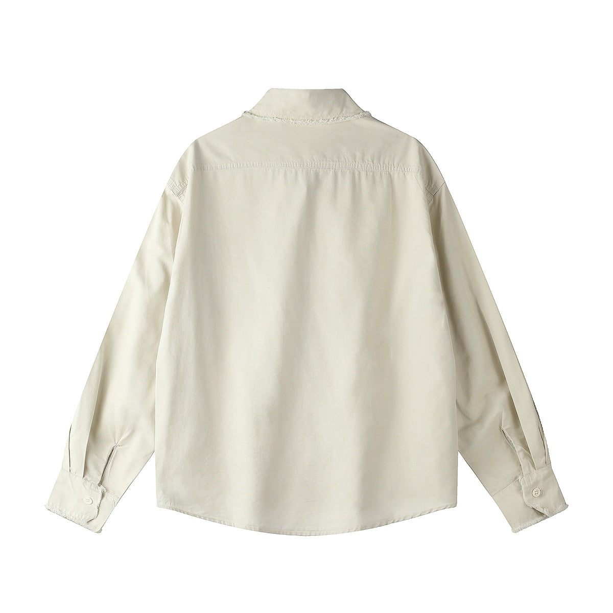 Back view of an ivory long-sleeve button-up shirt with a pointed collar and button cuffs.