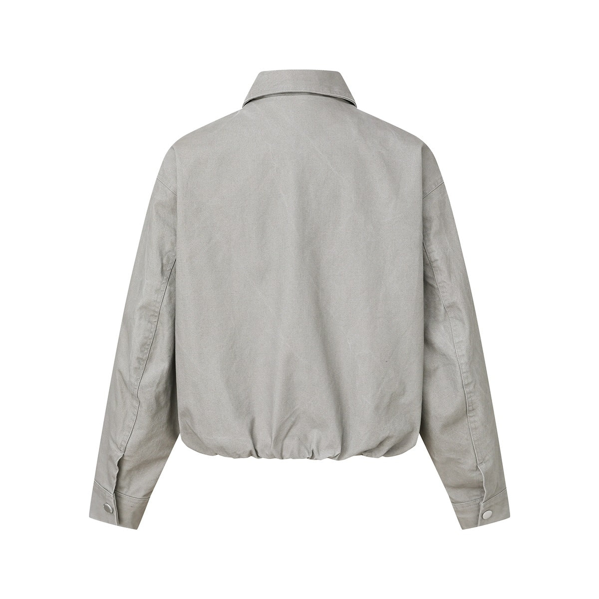 Back view of a light gray jacket with a pointed collar, long sleeves, and gathered hem.