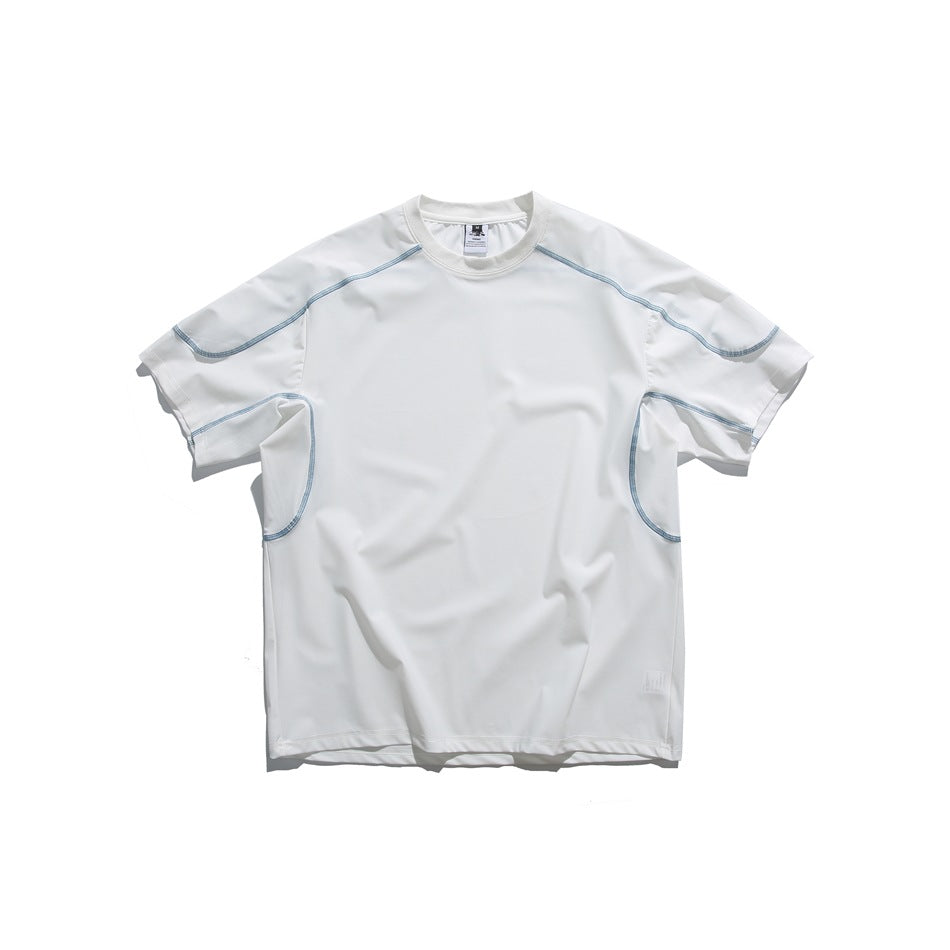 White short-sleeve crew-neck T-shirt with light blue contrast stitching on shoulders and curved side panels, front view