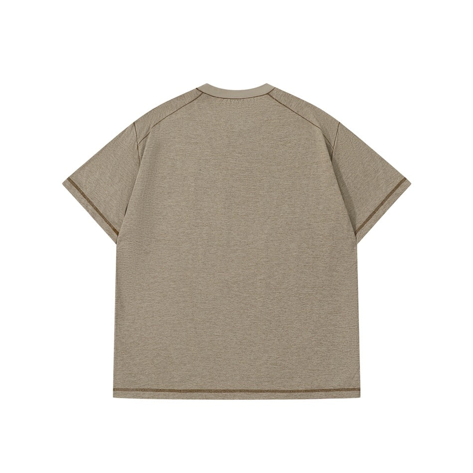 Back view of khaki short-sleeve crew-neck T-shirt flat lay with contrast brown topstitching