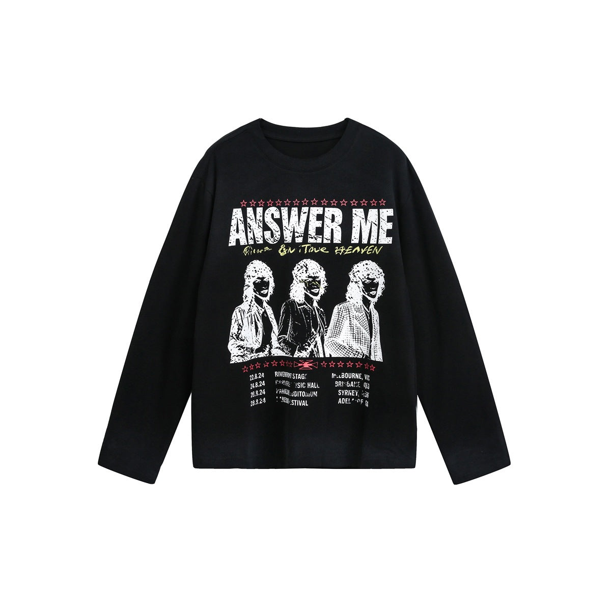 Black long-sleeve crew neck top with white and red ANSWER ME graphic showing three figures and tour dates