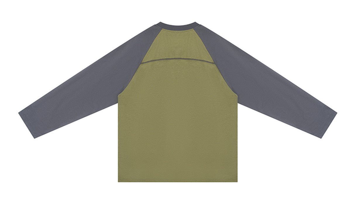 Back of an olive raglan long-sleeve shirt with charcoal sleeves and a curved upper-back seam.