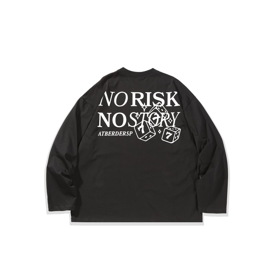 Black long-sleeve oversized tee, back view, with large white NO RISK NO STORY lettering and dice graphic