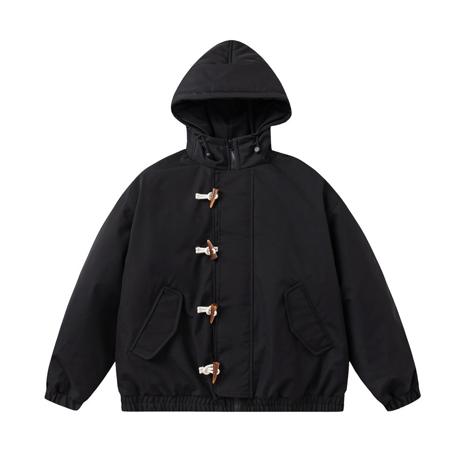 Black hooded jacket with four toggle closures, flap pockets and elastic cuffs and hem, flat front view