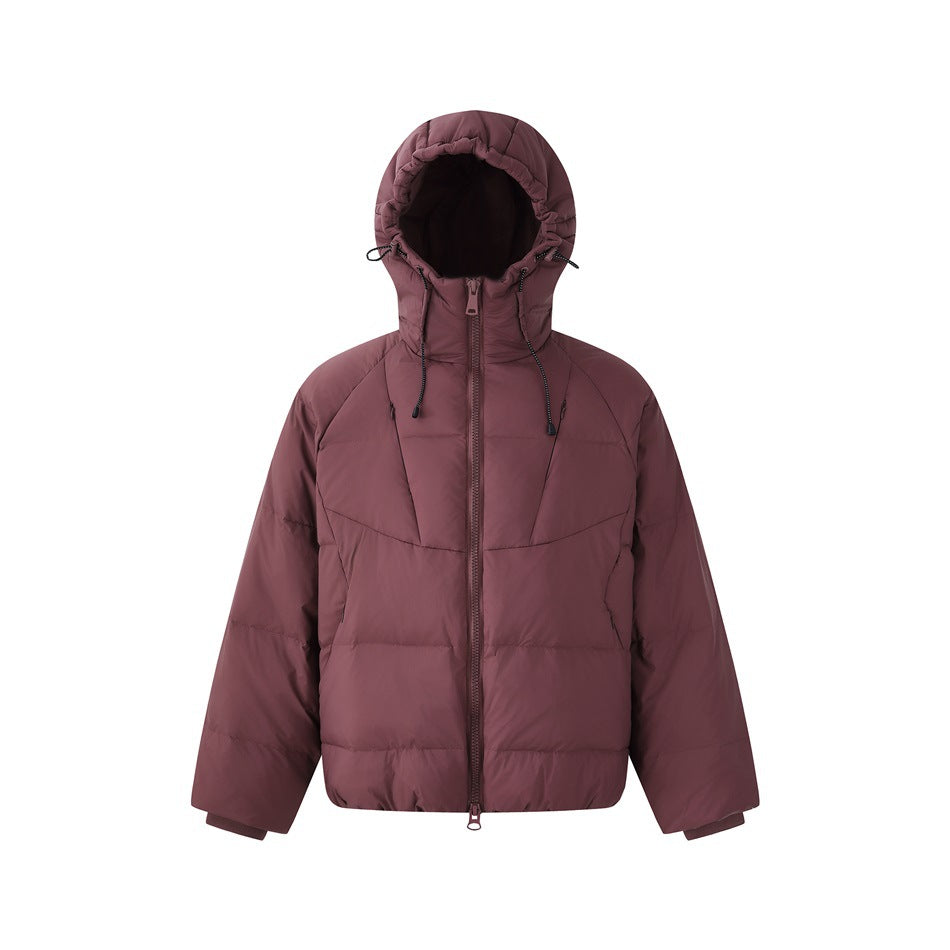 Dusty burgundy-pink hooded quilted puffer jacket with front zipper, front view