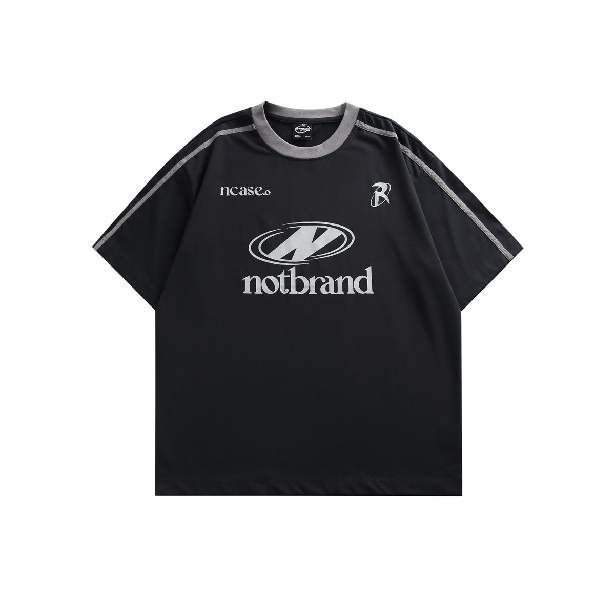 Black short-sleeve T-shirt with gray collar, gray shoulder tape and gray oval logo print, flat front view