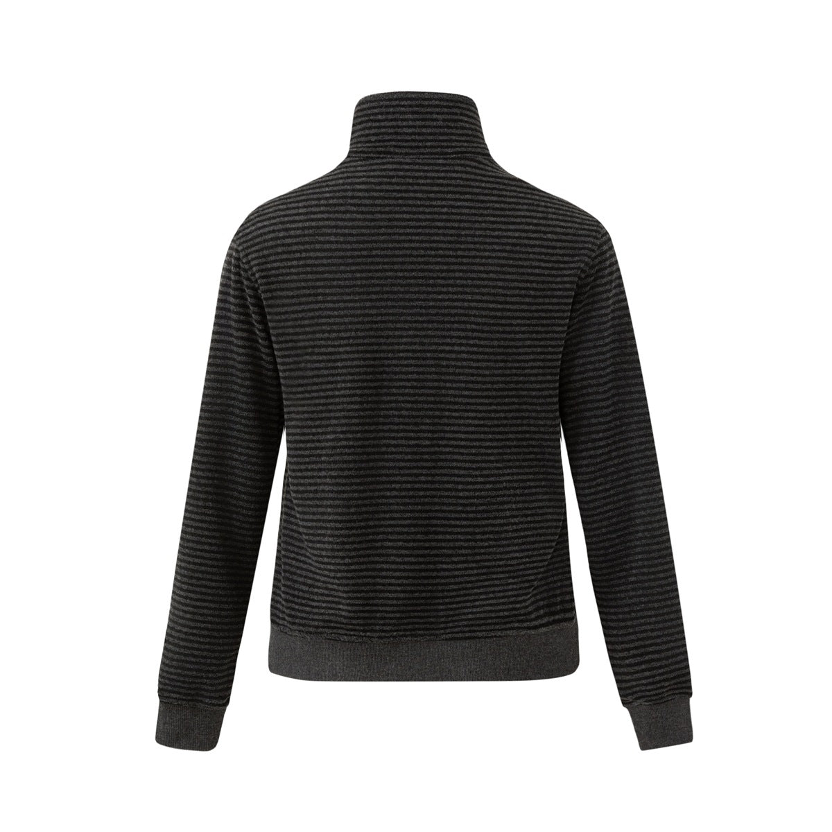 Back view of a charcoal and black horizontally striped zip-up jacket with a stand collar and ribbed cuffs and hem.