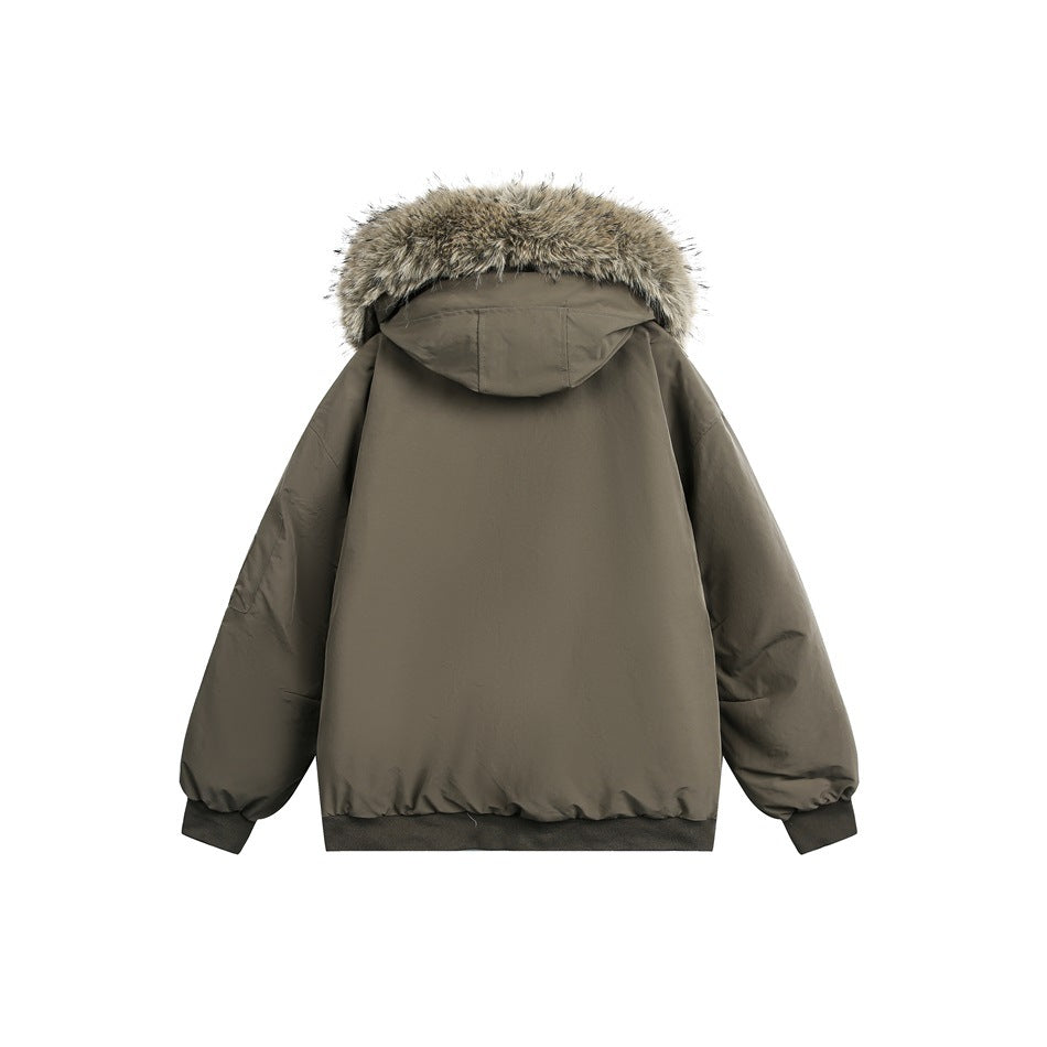 Back view of a gray-brown hooded jacket with fur trim, ribbed cuffs and hem.