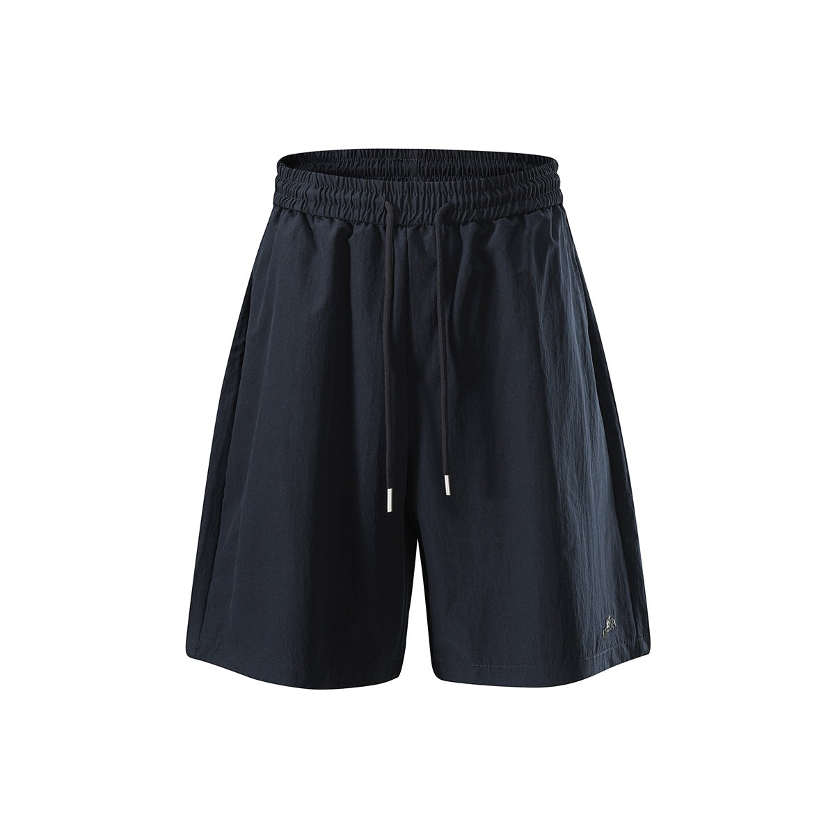 Navy blue knee-length wide-leg shorts with elastic drawstring waist, front view on white background