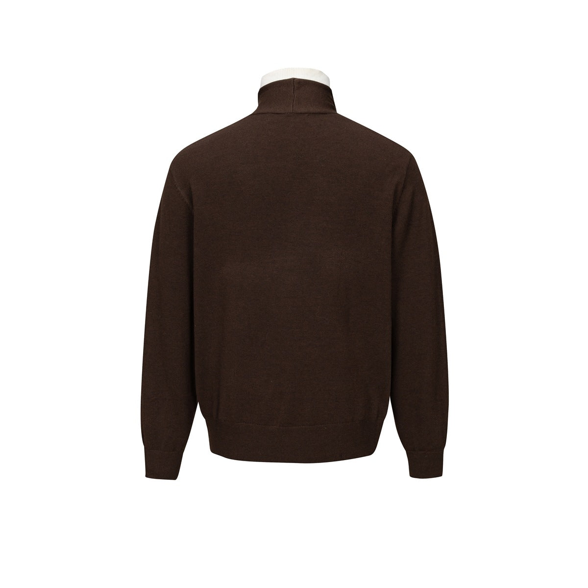 Back view of a dark brown cardigan with ribbed cuffs and hem; a cream collar shows above the neck.