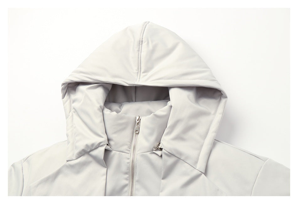 Close-up of the pale gray jacket's hood, high collar, and front zipper.