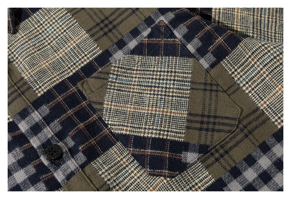 Close-up of a chest pocket and button on a shirt with mixed olive, navy, gray, and cream plaid.