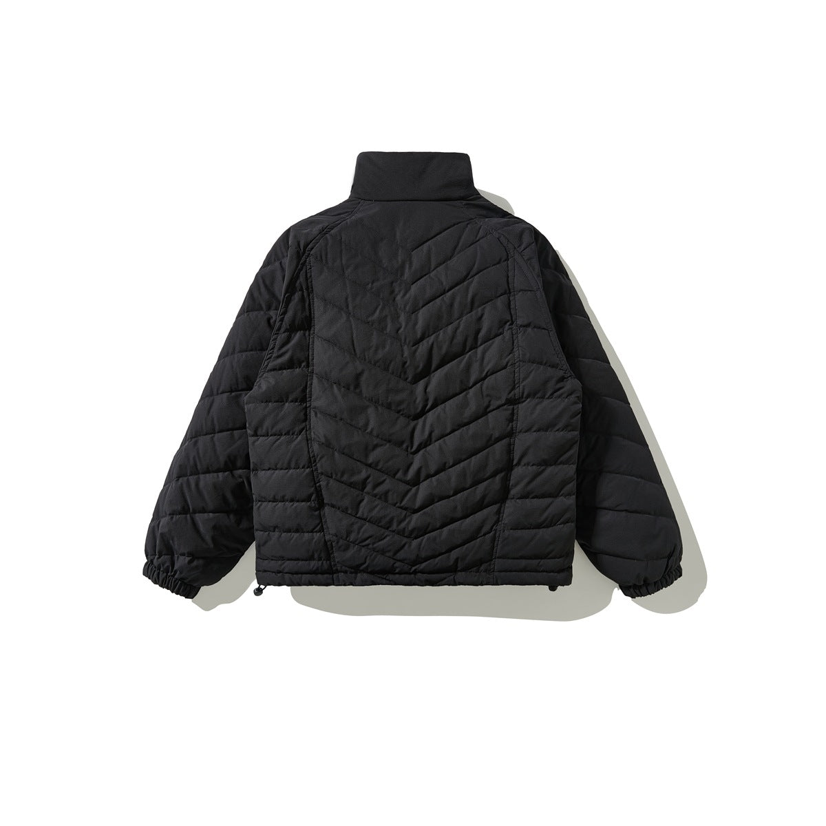 Back view of a black quilted jacket with a high collar, chevron stitching, and elastic cuffs on a white background.