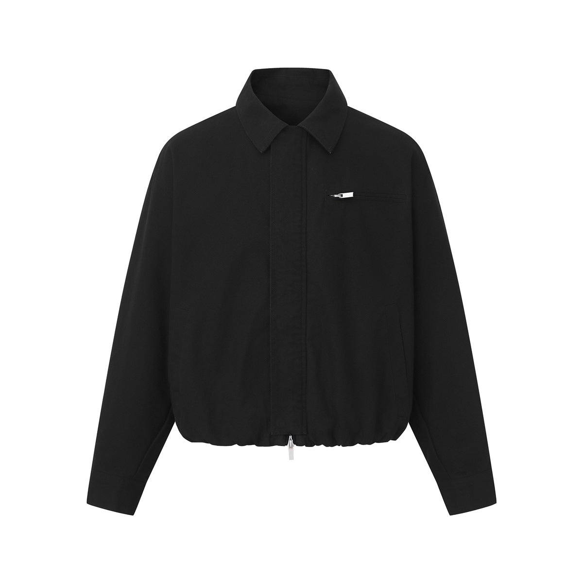 Black collared zip-front jacket flat lay with chest zip pocket and elasticized hem
