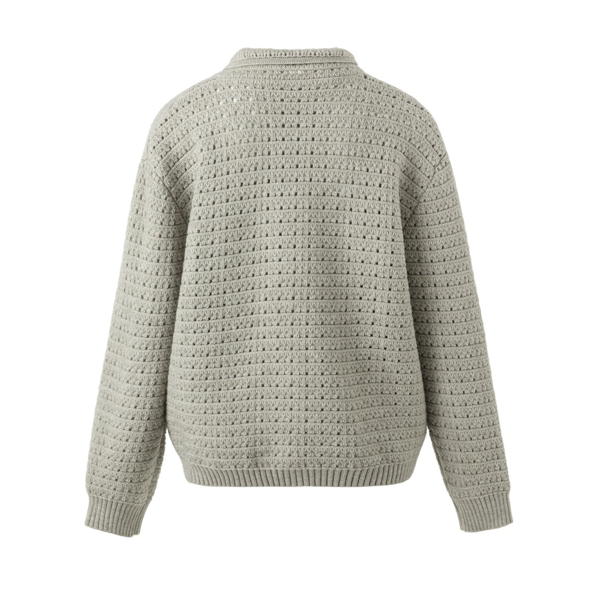 Back view of gray openwork knit jacket showing textured stitch, collar and ribbed cuffs and hem on white background