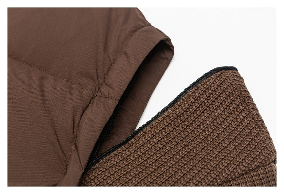 Close-up of brown garment fabric beside a textured brown panel and black-edged opening.