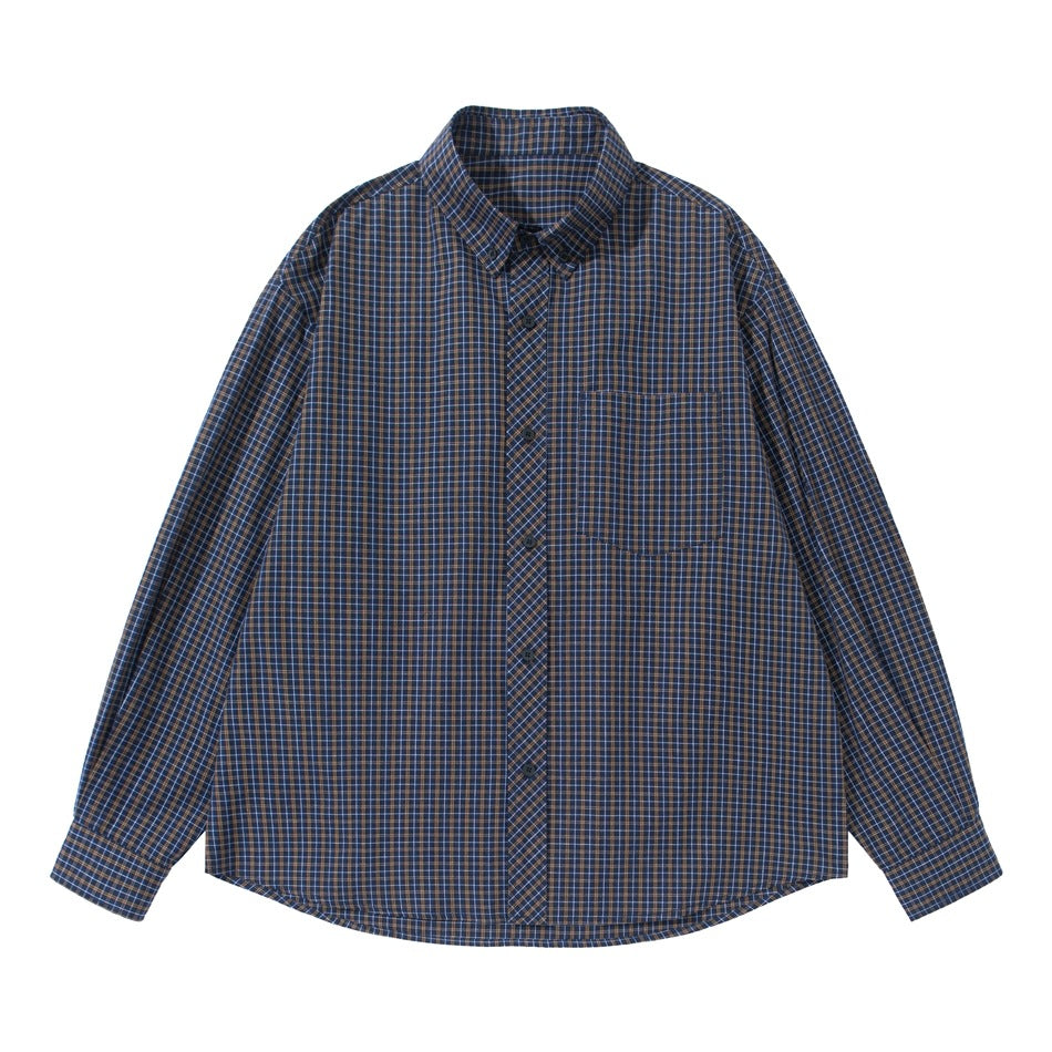 Flat front view of a navy, blue and tan small-check button-down shirt with chest pocket and long sleeves