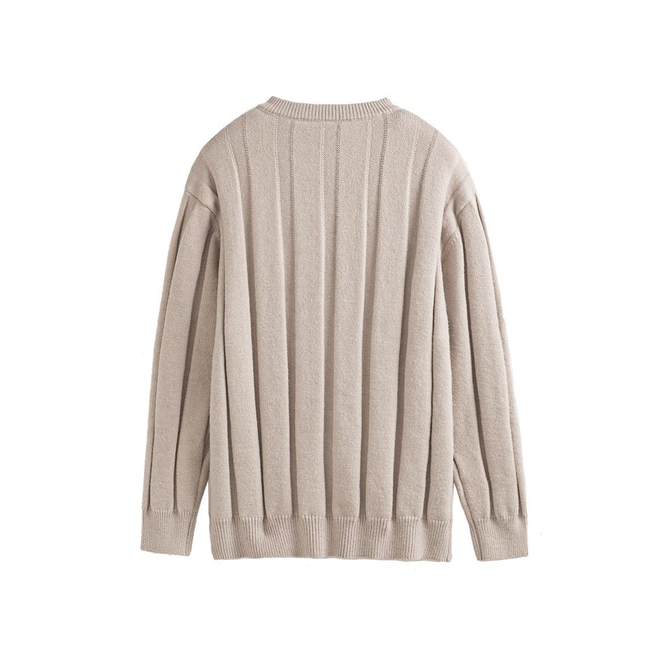 Back view of a light beige long-sleeve knit sweater with vertical textured panels and ribbed crew neck, cuffs, and hem.