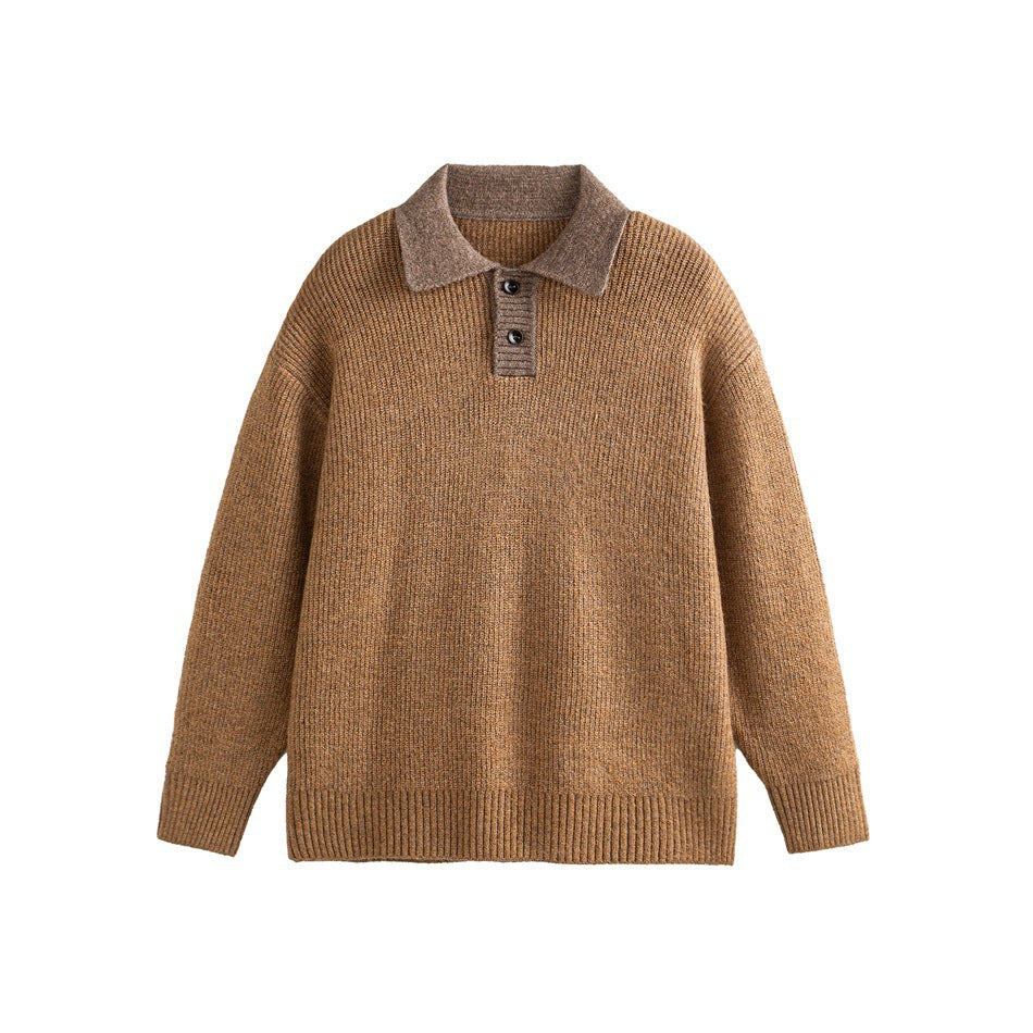 Brown ribbed knit polo sweater with taupe contrast collar and placket and two dark buttons, flat front view