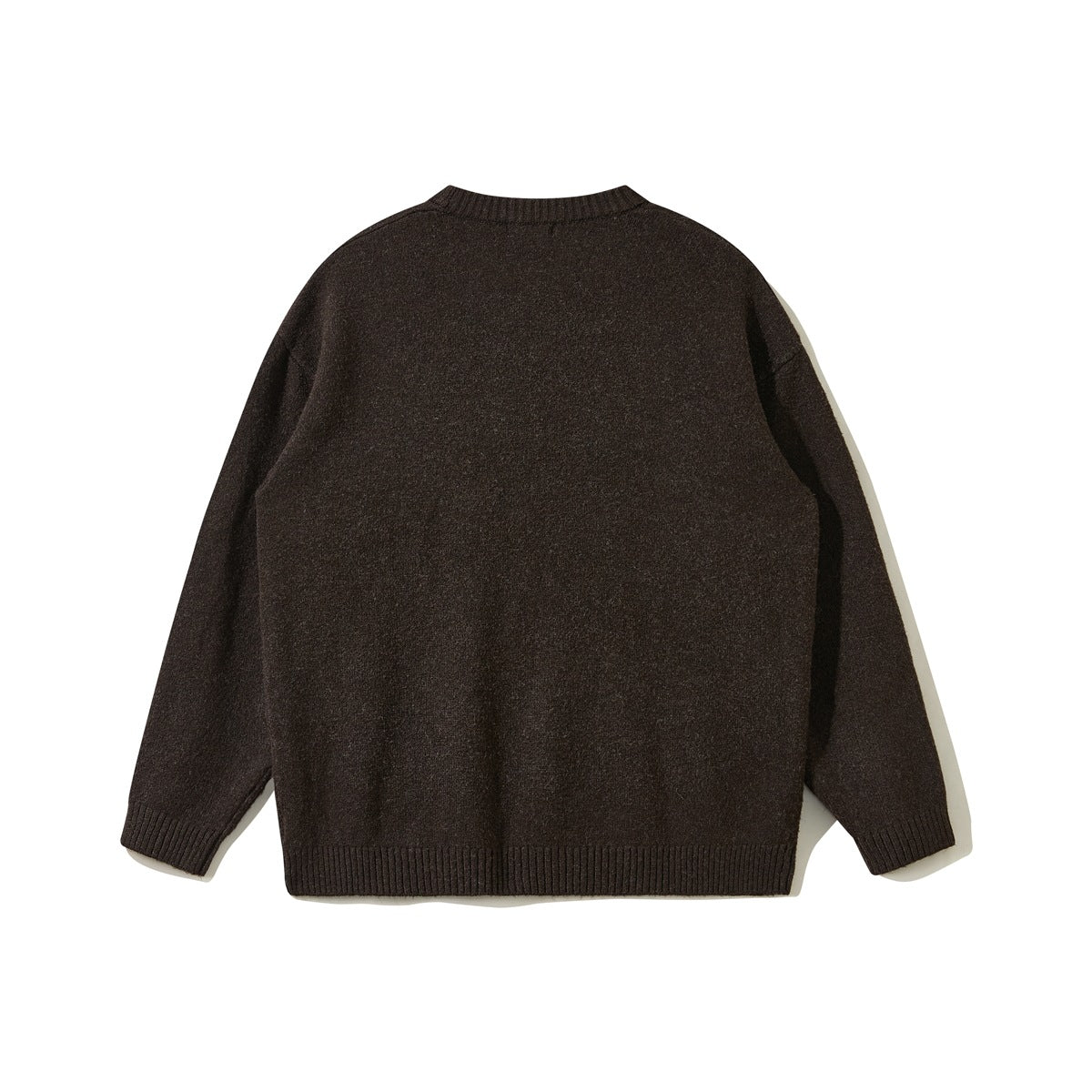 Back view of a dark brown crew-neck sweater with long sleeves and ribbed cuffs and hem.