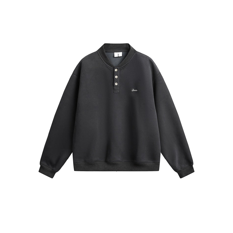 Dark gray henley-collar pullover sweatshirt with three buttons and small chest embroidery, flat front view
