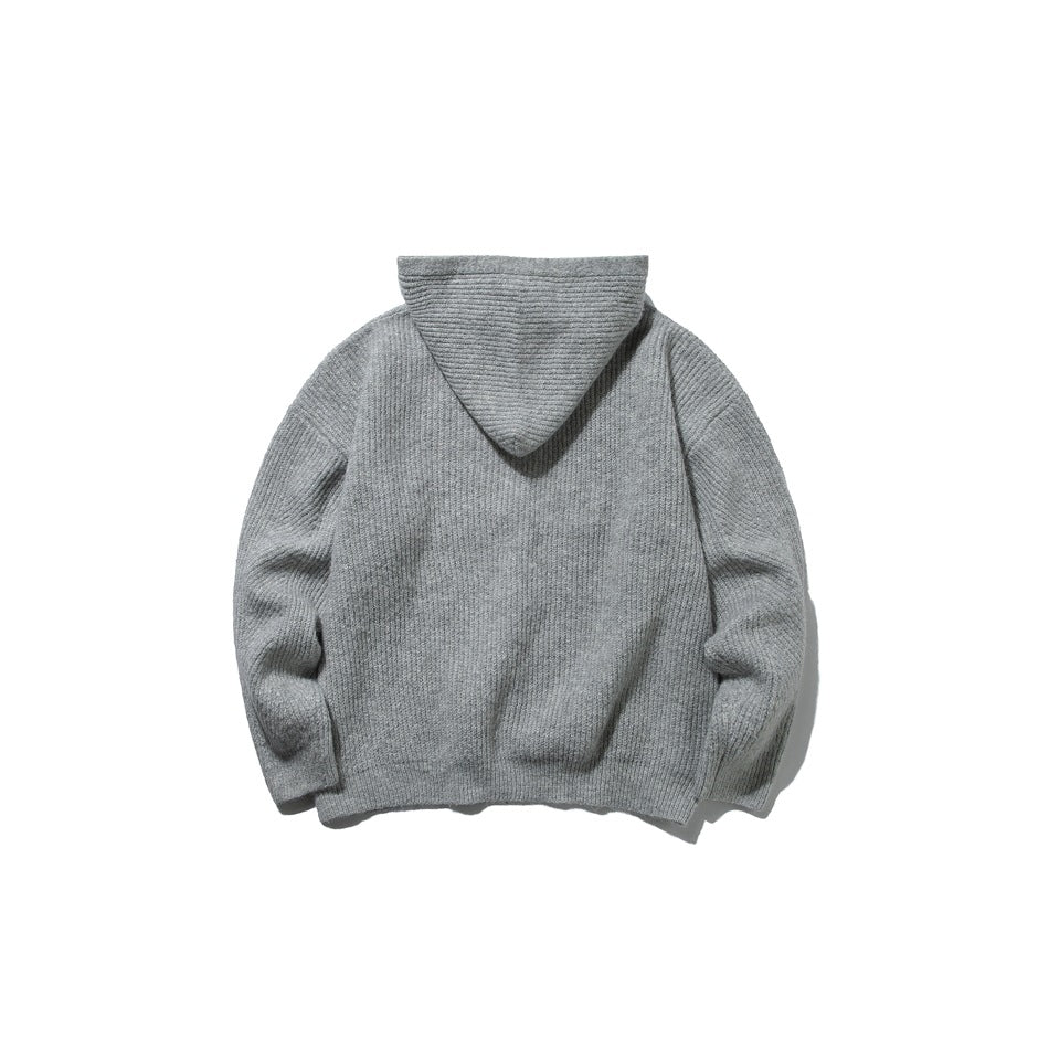 Back view of a light gray knit hooded sweater laid flat on a white background.
