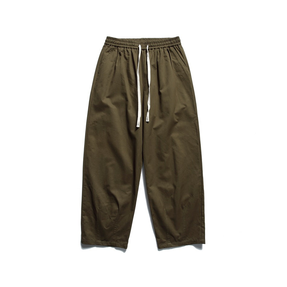Coffee olive-brown wide-leg drawstring pants with elastic waist, flat lay front view
