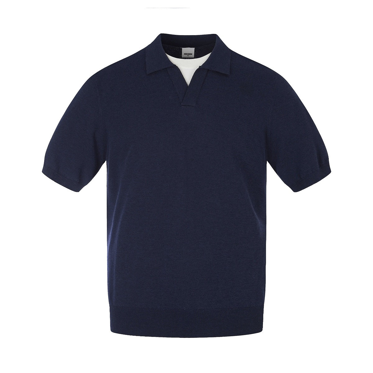 Navy blue short-sleeve knit polo with open V collar, white inner neckline and ribbed hem, flat front view