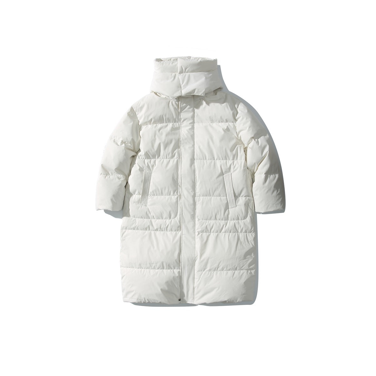White long quilted puffer coat shown from the front, with a tall folded collar, snap-covered closure, and two angled pockets.