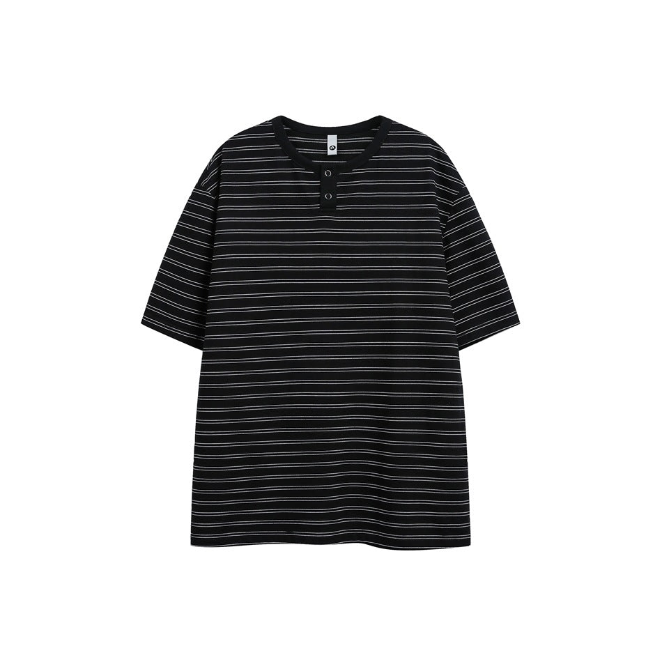 Black short-sleeve Henley T-shirt with thin white horizontal stripes and two-snap placket, flat front view