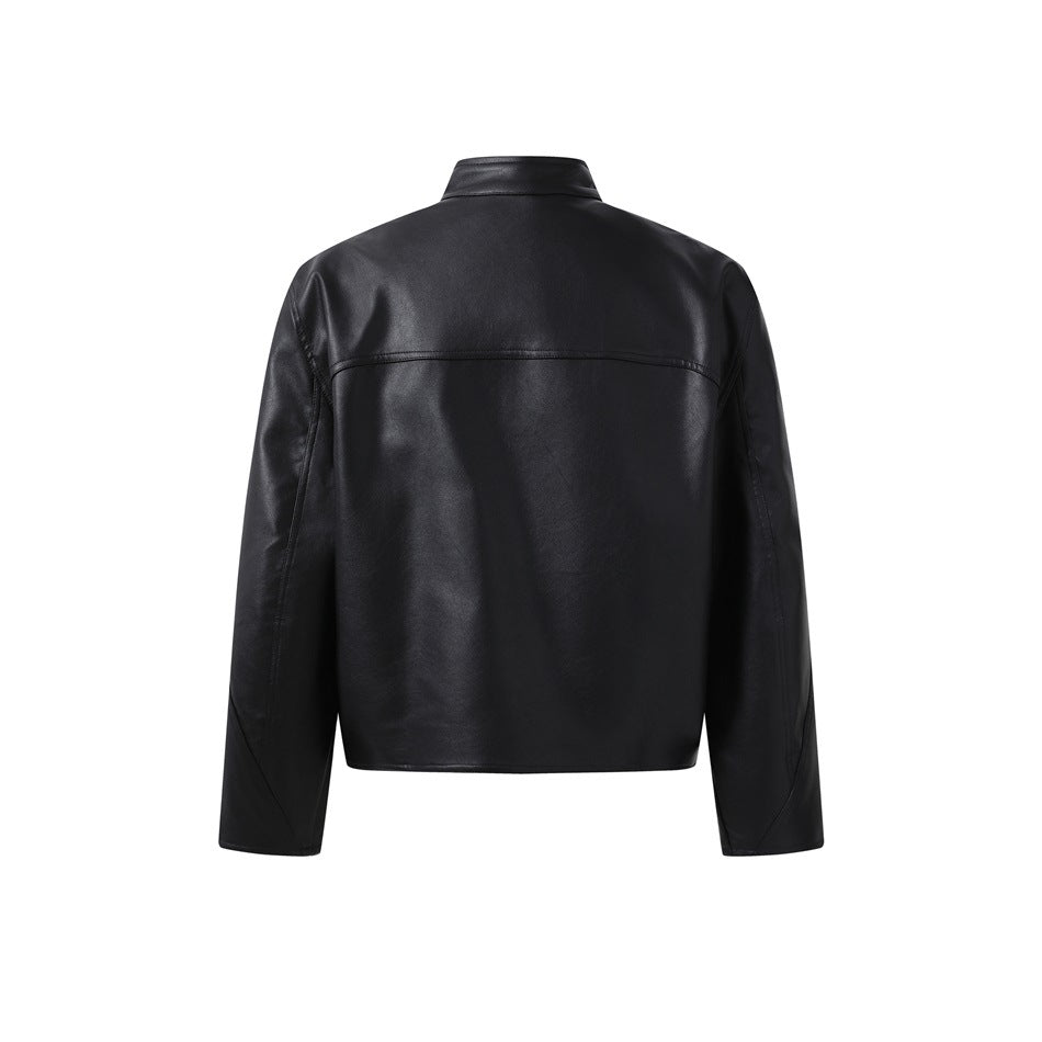 Back view of a black jacket with a stand collar and a horizontal yoke seam.