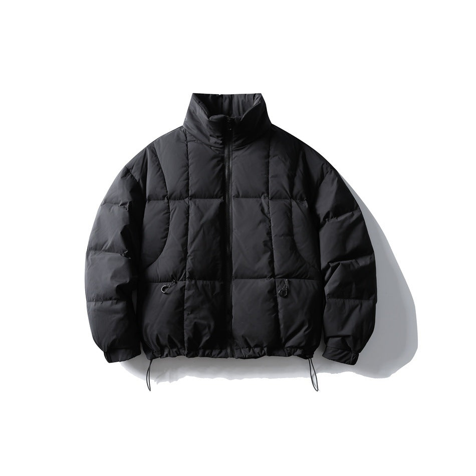 Black quilted stand-collar puffer jacket with front zipper and drawstring hem, flat lay front view